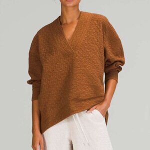 Lululemon Rippled Brown Sz 8 V-Neck Oversized High/Low Cotton Pullover Sweater